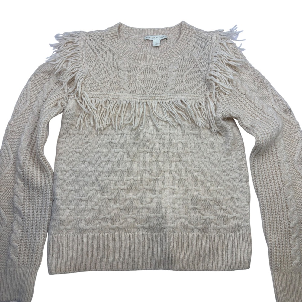 Chelsea & Violet Womens‎ Cream Fringe Cable Knit Sweater Boho Western Small